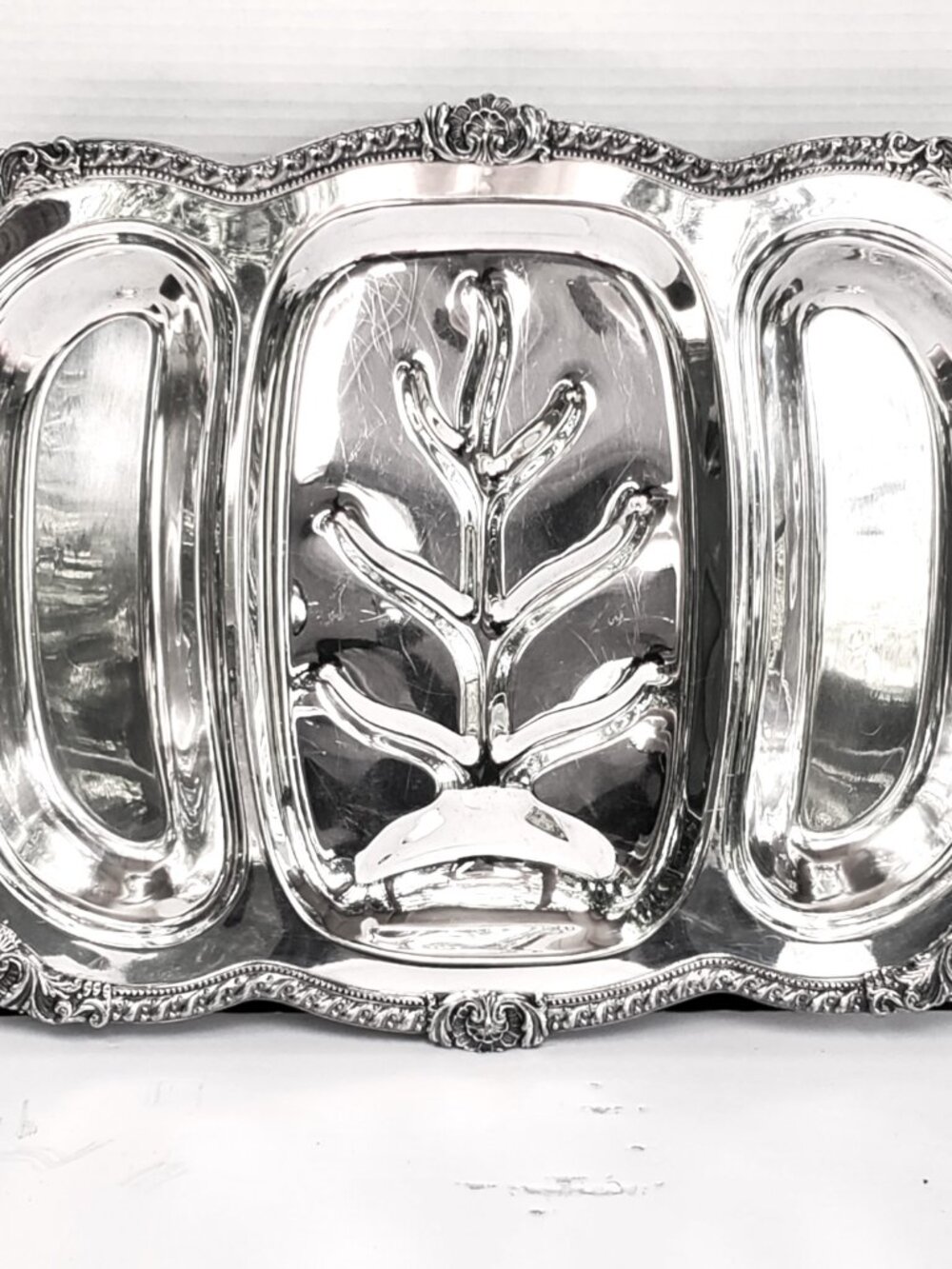 1957 BIRMINGHAM SILVER FOOTED BUTLER TRAY 3PART SERVNG PLATTER TREE WELL HANDLES
